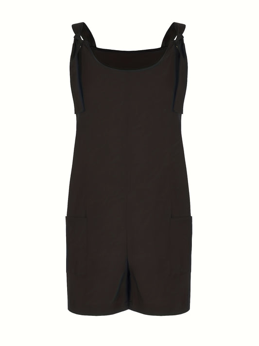  Solid Tie Shoulder Round Neck Romper Overalls