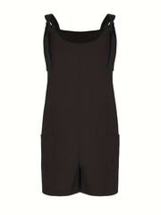  Solid Tie Shoulder Round Neck Romper Overalls