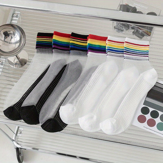 6 Pairs Rainbow Striped Crew Socks for Women