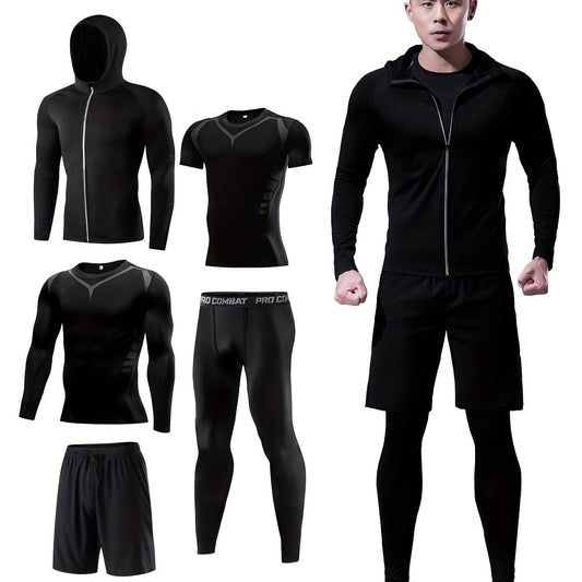 Men's Sports Set: Zip Up Hoodie Jacket & Fitness T-shirt & High Stretch Shorts