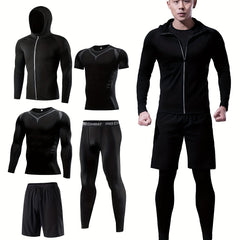 Men's Sports Set: Zip Up Hoodie Jacket & Fitness T-shirt & High Stretch Shorts