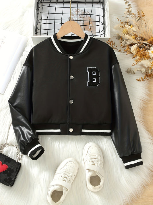Girls' Leather Stitching Sleeves Baseball Jacket