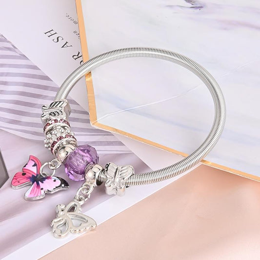 Vintage Butterfly Pendant Bracelet Heart Spring Chain Stretchable Bangle
