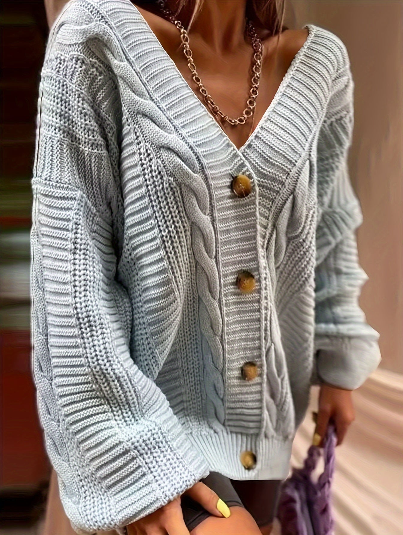  Solid Sweater Cardigan Lantern Sleeve Button Up