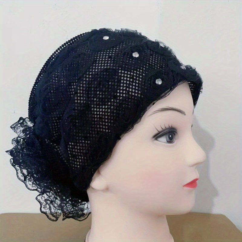Mesh Flower Beanie Rhinestone Turban Cap Ramadan Head Wrap Lightweight Chemo Cap