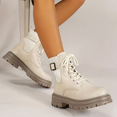Women's Velvet Combat Boots Lace Up Round Toe High Platform