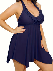  Solid Ruffle Trim Tankini Set V Neck Halter Top & Panty Swimsuit