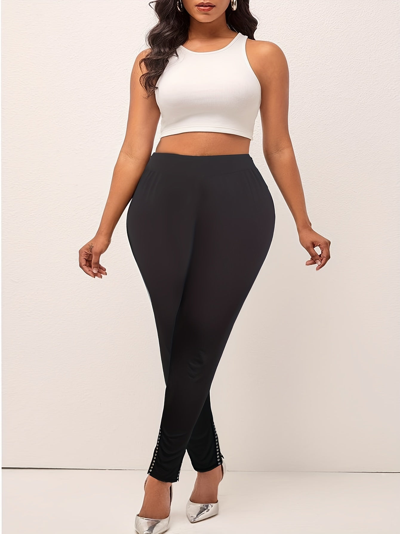  Sexy Pants Solid Beaded Elastic High Rise Side Split Trousers