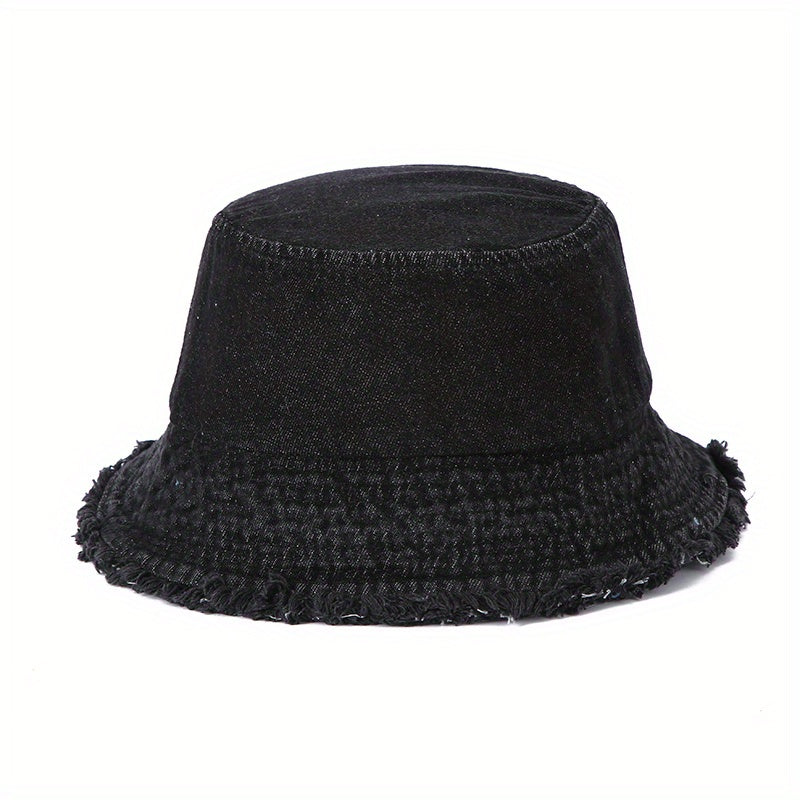 Unisex Denim Bucket Hat Frayed Brim Foldable Casual Fisherman Cap