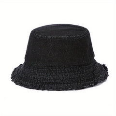 Unisex Denim Bucket Hat Frayed Brim Foldable Casual Fisherman Cap