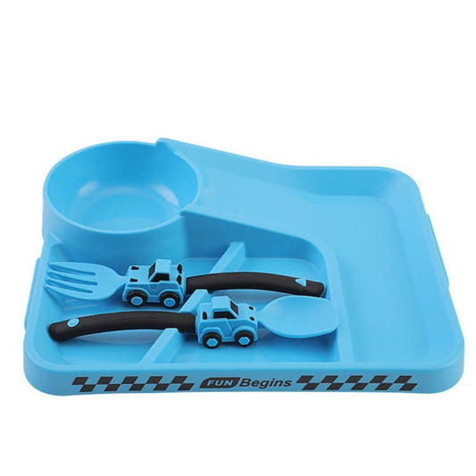 Kids Cartoon Racing Dinner Set - Non-slip Plate, Fork, Spoon, Divided Bowl