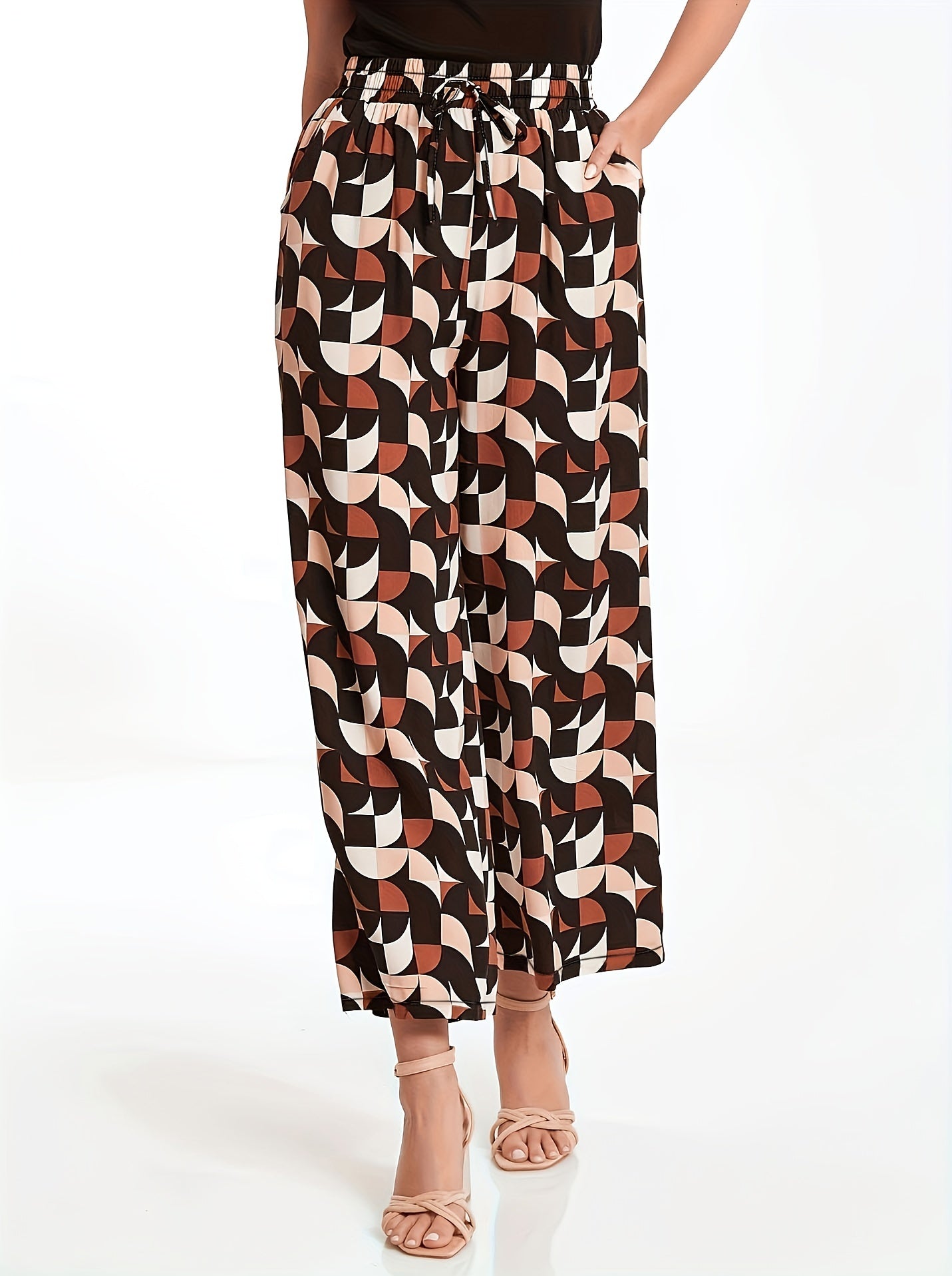 Women's Plus Geometric Print High Rise Wide Leg Trousers With Pockets
