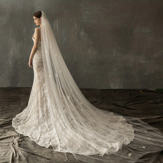 Cathedral Style Bridal Veil with Comb Inlaid Flower