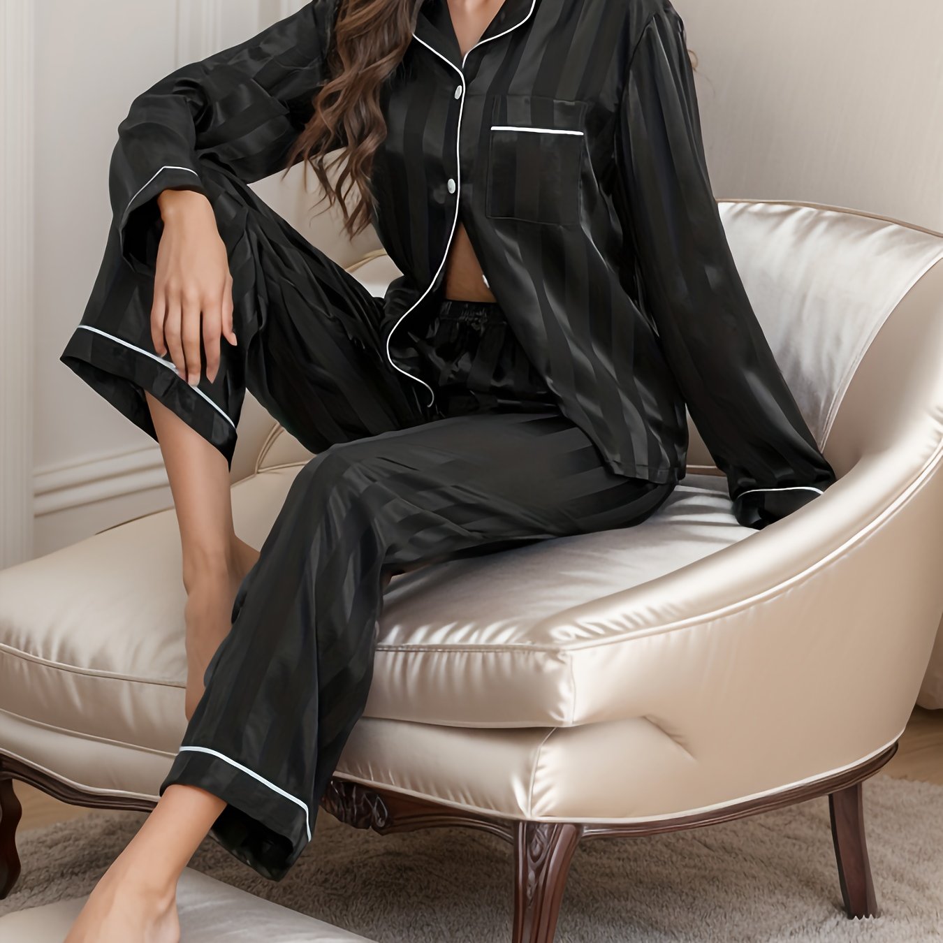 Striped Satin Pajama Set Long Sleeve Buttons Top & Elastic Waistband Pants