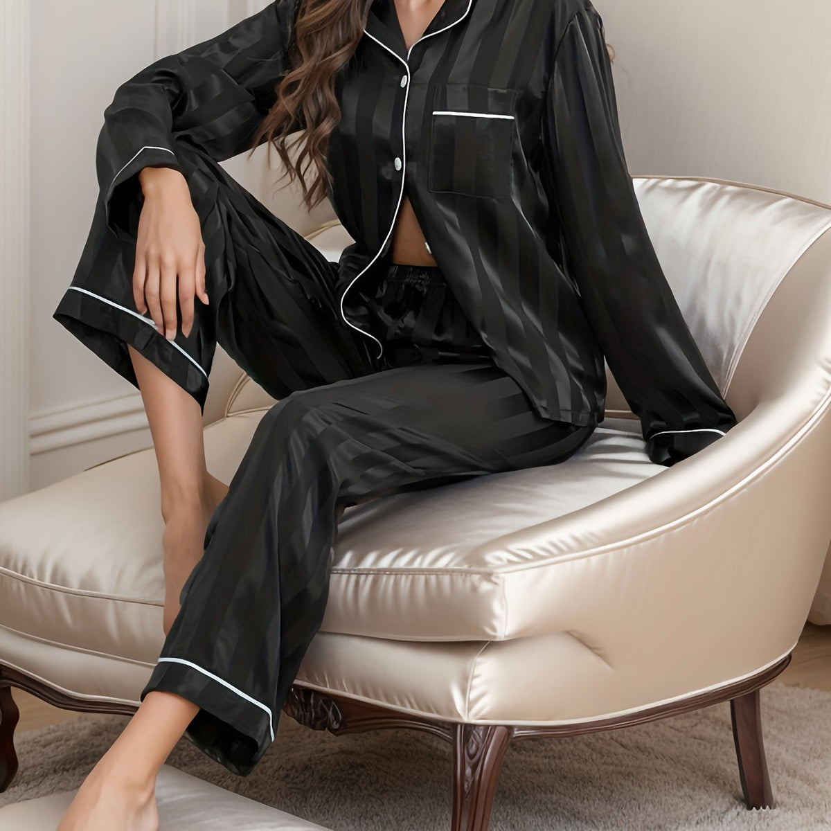 Striped Satin Pajama Set Long Sleeve Buttons Top & Elastic Waistband Pants
