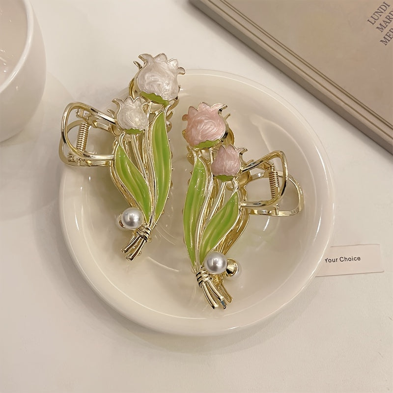 Lily Flower Tulip Hair Claw Faux Pearl Hair Clip