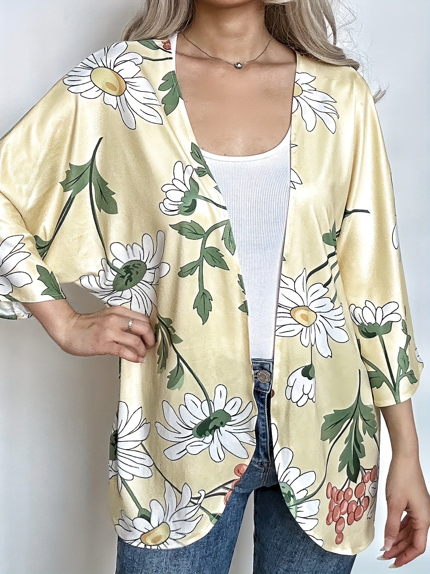  Floral Print Half Sleeve Open Front Cardigan