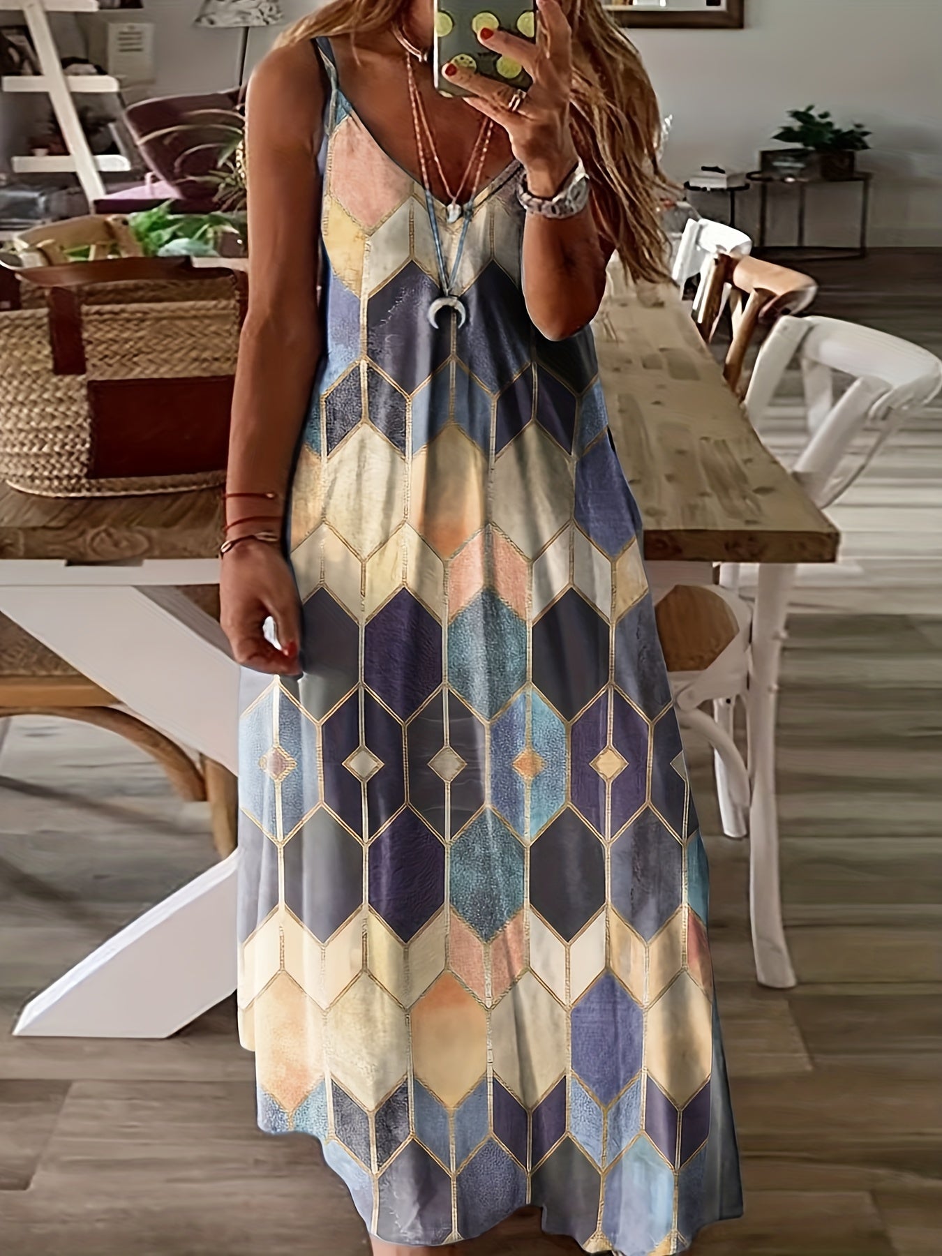  Geometric Print Cami Maxi Dress Spaghetti Strap V Neck Long Dress