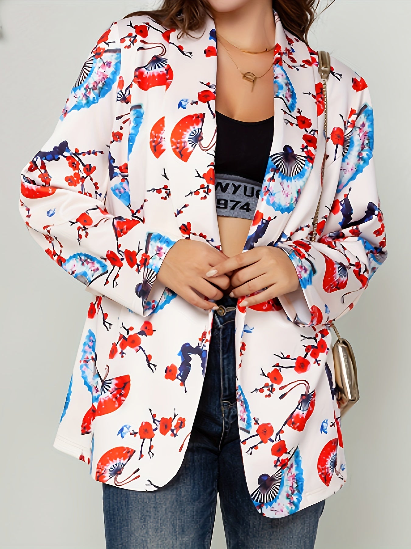  Plum Flower & Fan Print Loose Fit Blazer