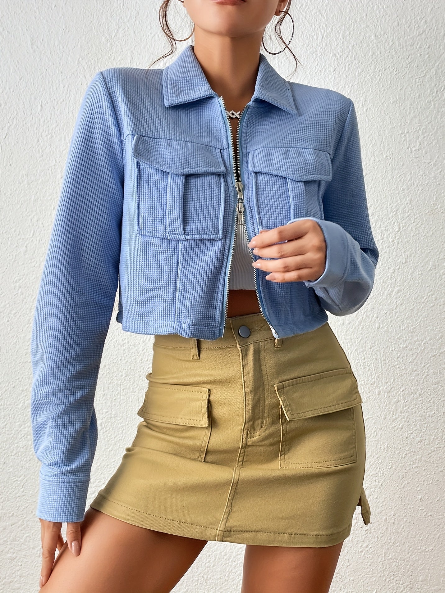 Zipper Solid Jacket Turn Down Collar Long Sleeve Outerwear