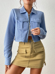 Zipper Solid Jacket Turn Down Collar Long Sleeve Outerwear