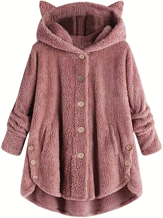 Solid Hooded Button Down Warm Jacket for Fall & Winter