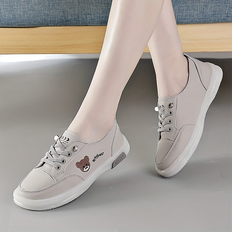 Women's Bear Pattern Flat Sneakers Lace Up Low Top Shoes