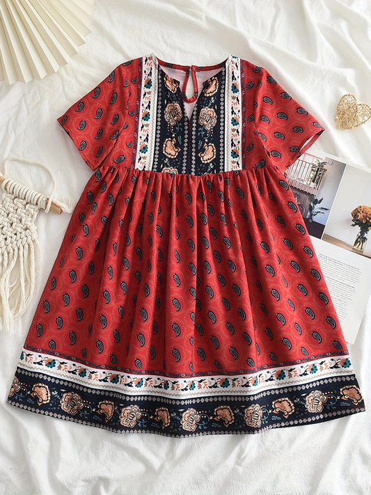 Girls' Ethnic Flowers Print V neck Summer Dress