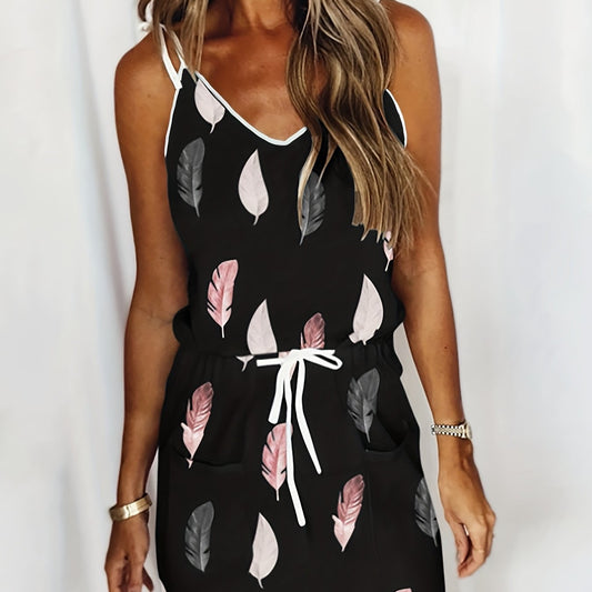 Feather Print Cami Dress Drawstring Waist