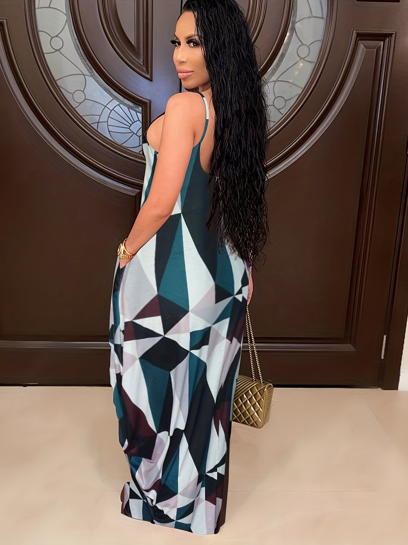  Geometric Print Maxi Cami Dress With Pockets