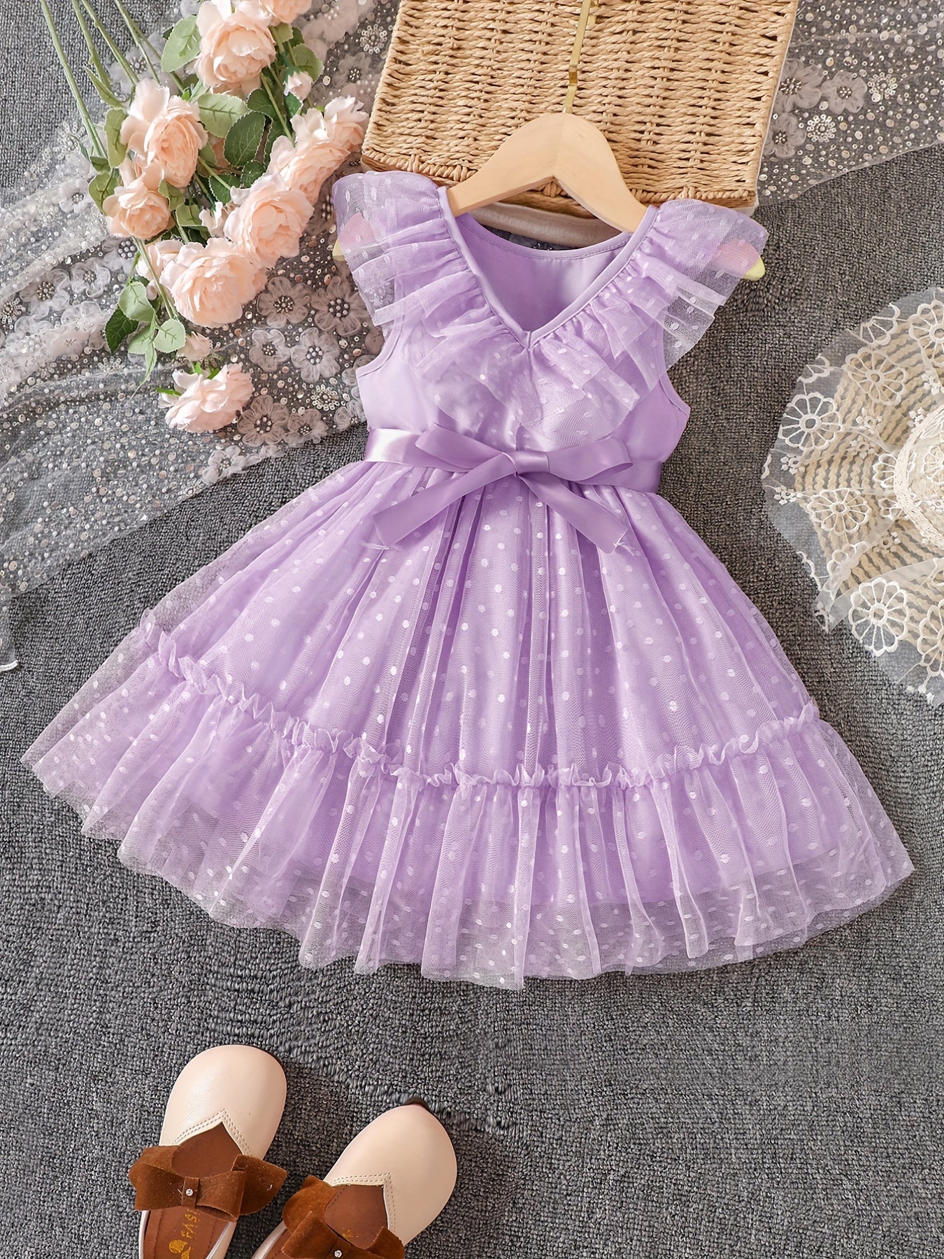 Girls' Dots Print V Neck Tulle Princess Dress