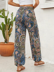 Ethnic Floral Print Pants Casual Shirred Long Length