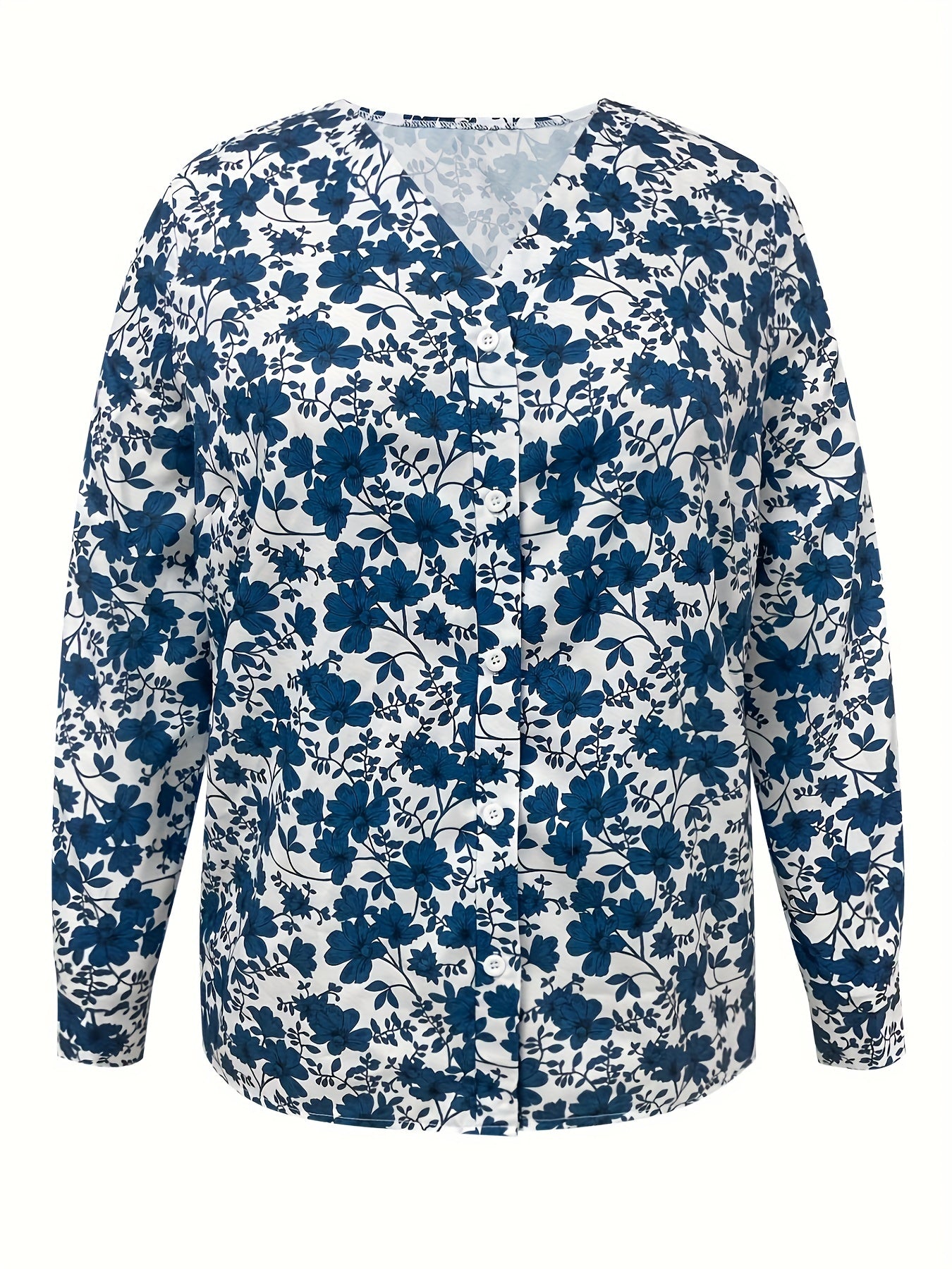  Floral Print Button Up V Neck Blouse