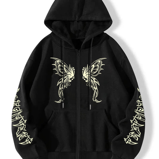 Butterfly Graphic Hooded Sports Sweatshirt Zipper Up Long Sleeve Hoodie