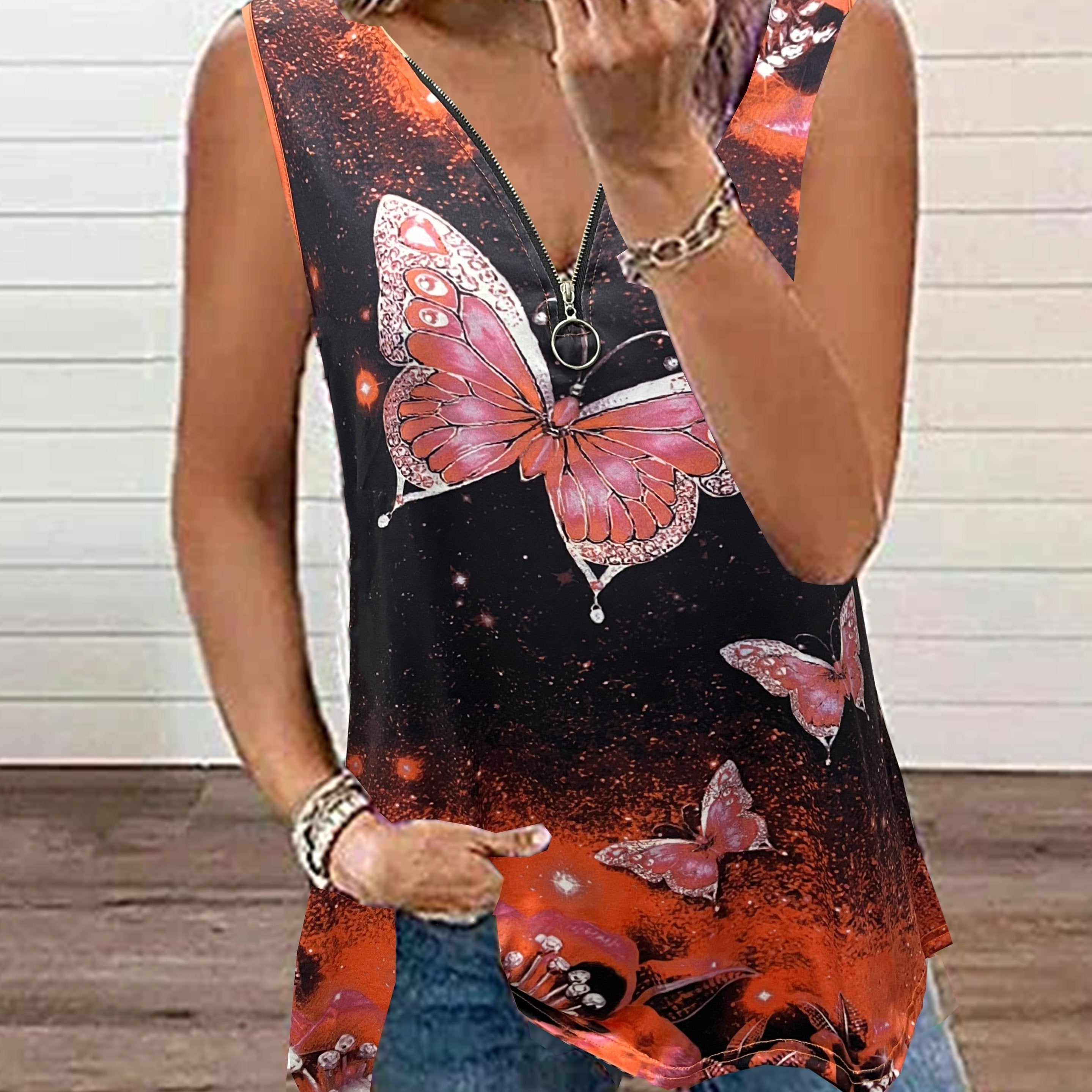 Butterfly Print Zipper V Neck Plus Size Tank Top