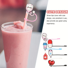 5pcs Cartoon Medical Style Straw Tips Reusable Straw Covers For 6 8 Mm Straws