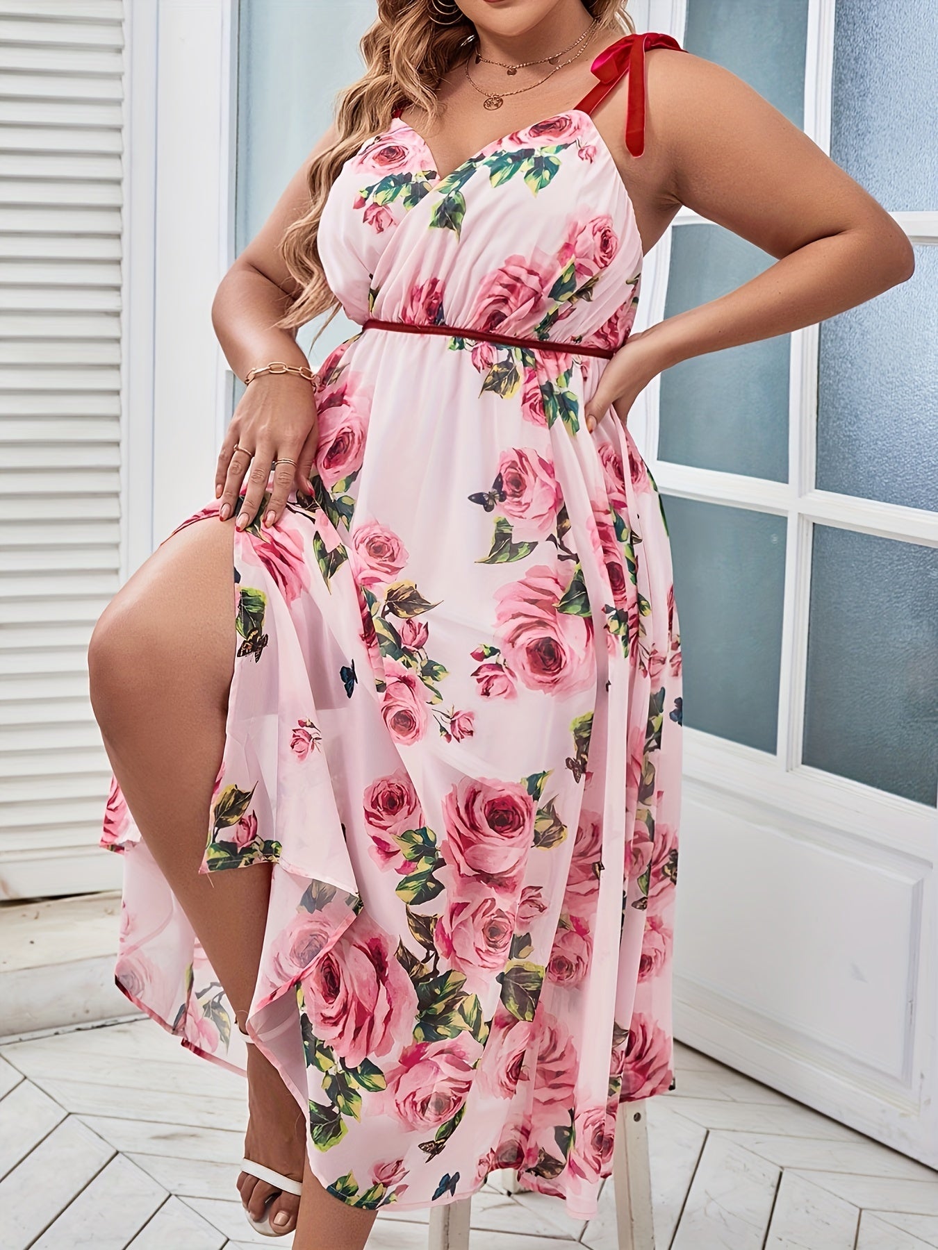  Rose Print Knot Strap Maxi Dress Women's Plus Romantic Long Dress