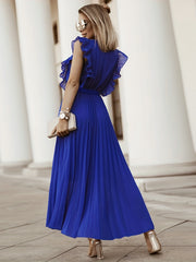 V Neck Pleated Ruffle Maxi Party Dress