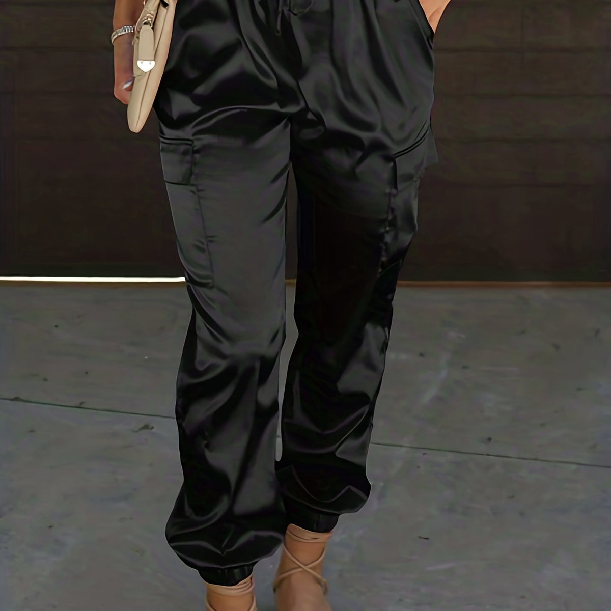 Women's Plus Solid Satin Cargo Pants With Drawstring Waist