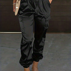 Women's Plus Solid Satin Cargo Pants With Drawstring Waist