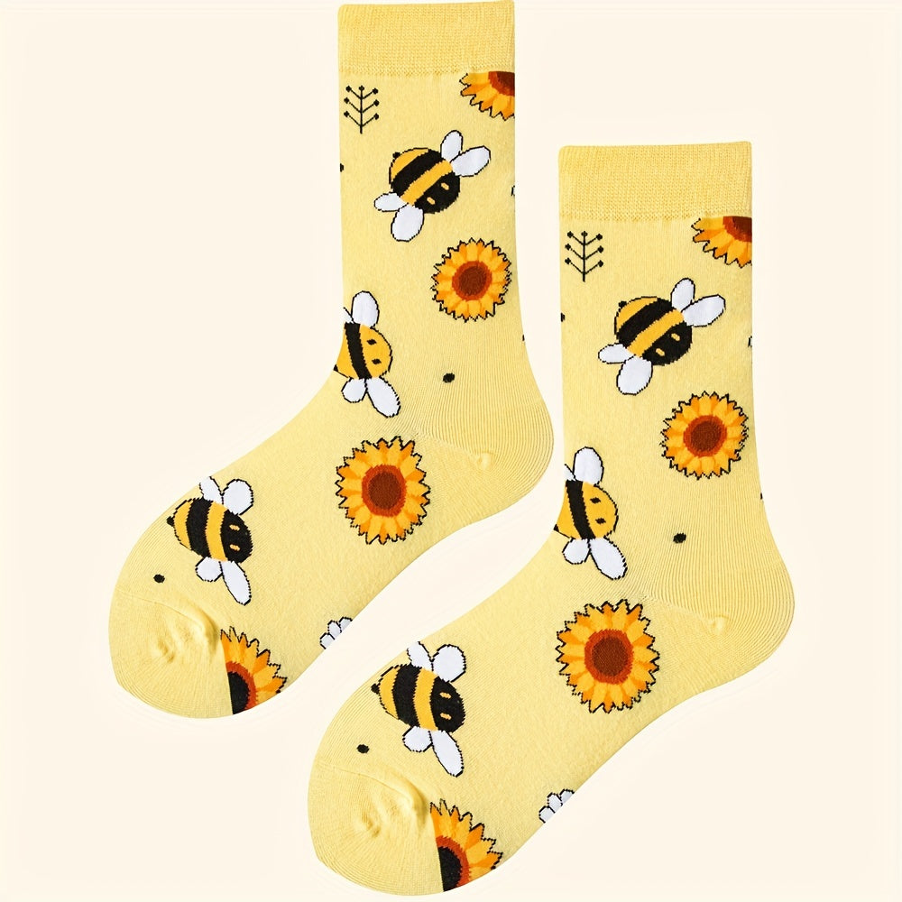Cartoon Bee Print Socks Mid Tube Stockings