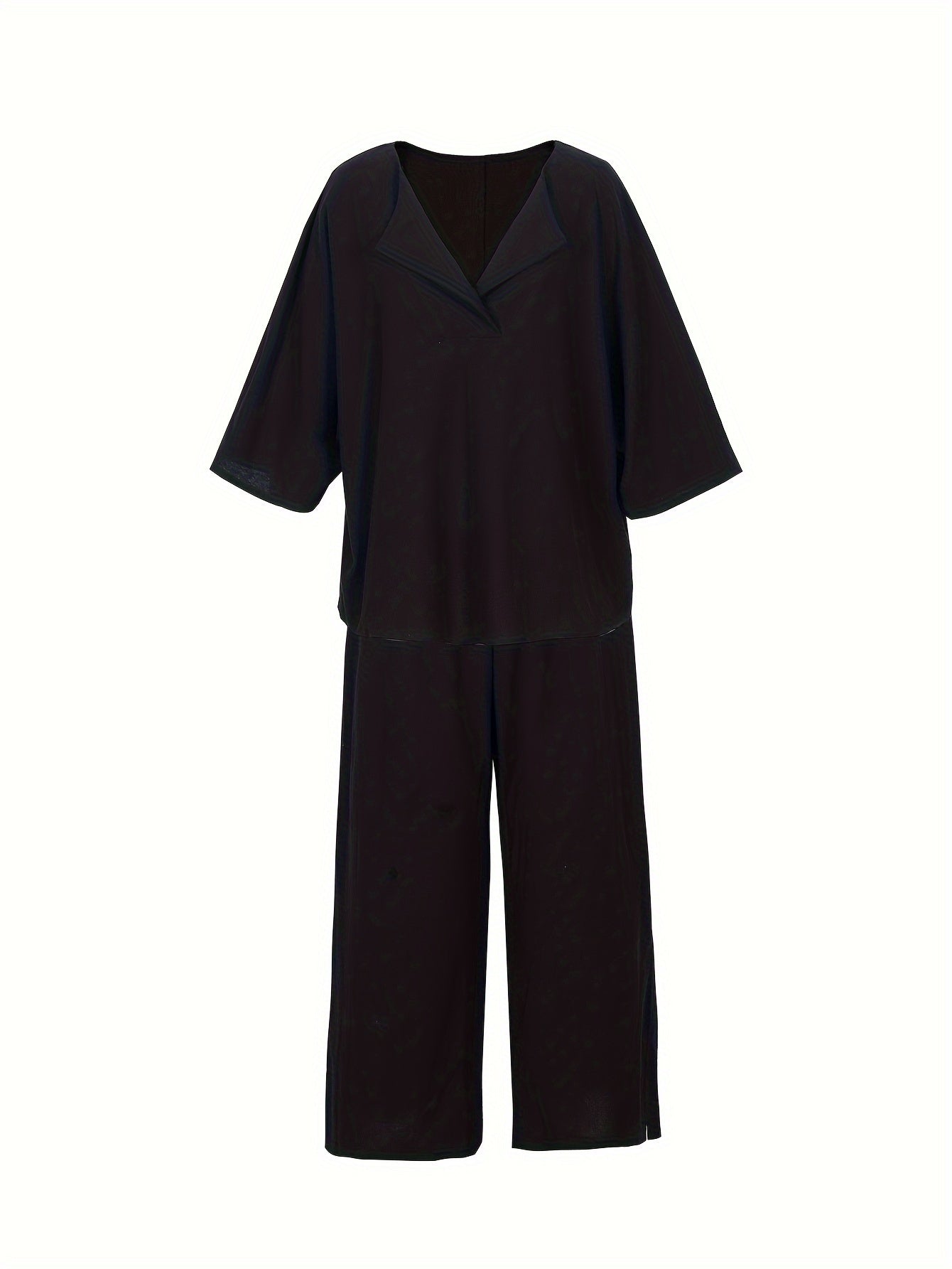  Solid Loose Fit Tee & Split Pants Outfit Set