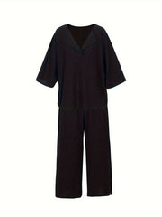 Solid Loose Fit Tee & Split Pants Outfit Set