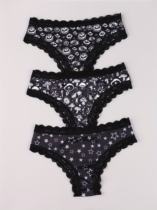  Eyeball & Mushroom Print Lace Trim Bikini Set