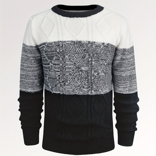 Argyle Block Sweater Men's Casual Warm Crew Neck Pullover For Fall Winter