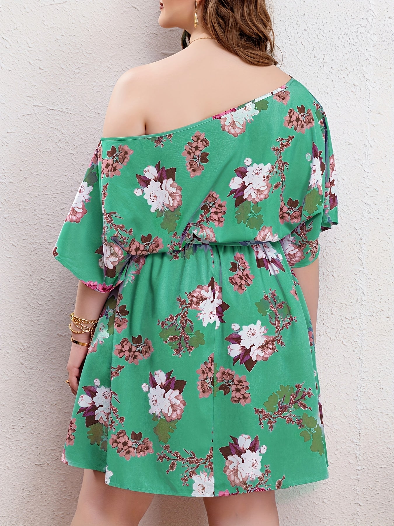 Floral Print One Shoulder Batwing Sleeve Knee Length Dress With Belt