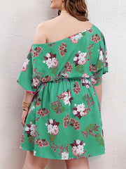 Floral Print One Shoulder Batwing Sleeve Knee Length Dress With Belt