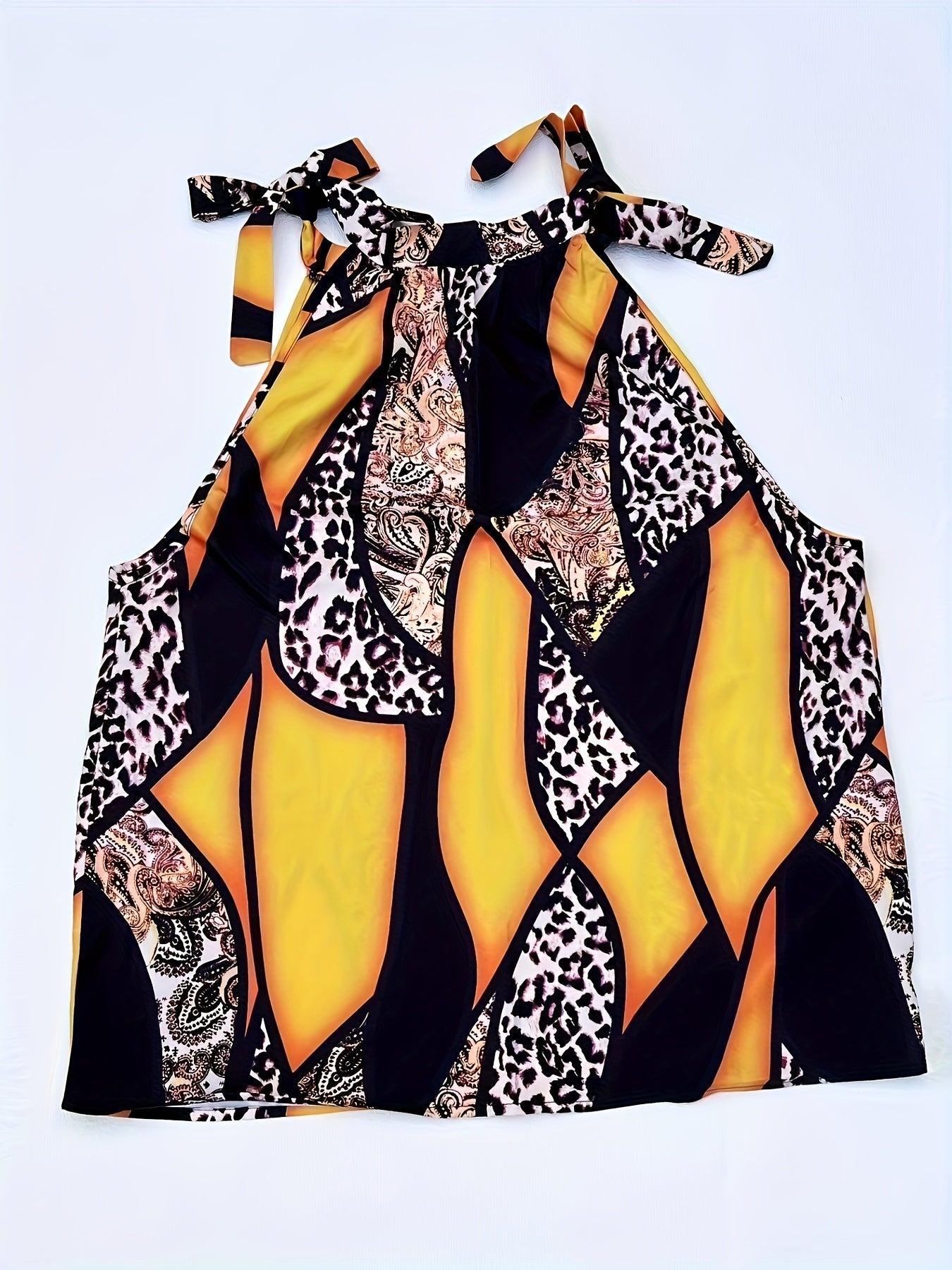  Colorblock Leopard & Baroque Print Knot Mock Neck Blouse