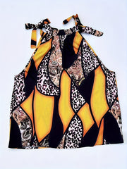  Colorblock Leopard & Baroque Print Knot Mock Neck Blouse