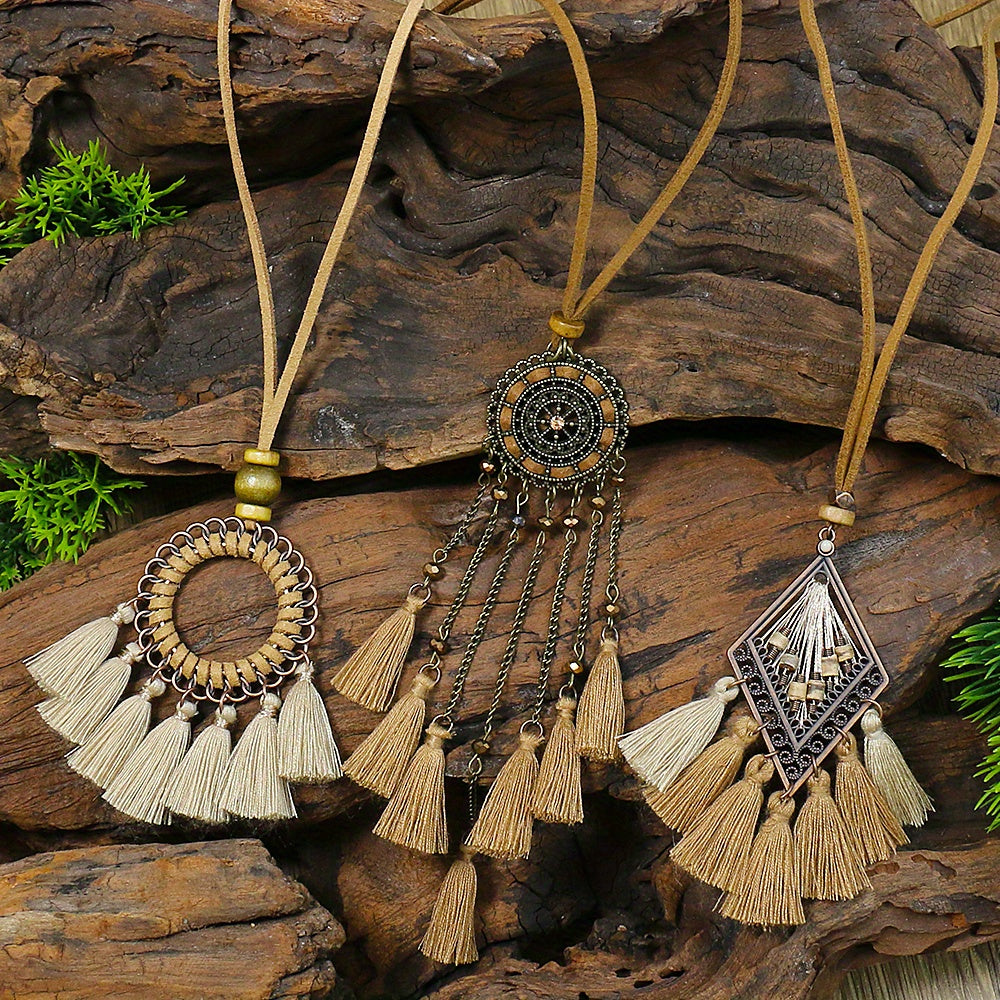 Boho Ethnic Tassel Pendant Necklaces Retro Rhinestone Drip Oil Alloy Necklace